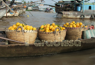 Orange boat - floating market Cai Be - Vinh Long
