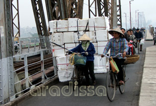 Transport on the Long Bien Bridge, Hanoi, Vietnam