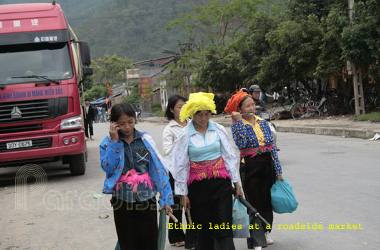 Ethnic ladies on the road near Quan Ba