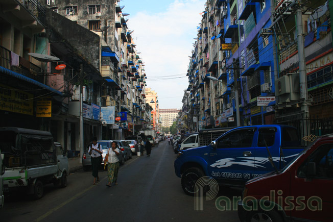 Old blocks of flats on a backstreet in Yangon, Myanmar (Burma)