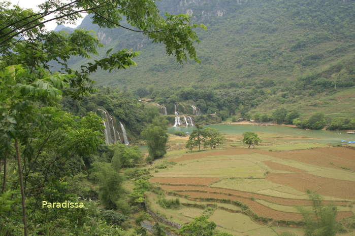 A panoramic view of the Ban Gioc Waterfall from a hidden trekking trail by Paradissa