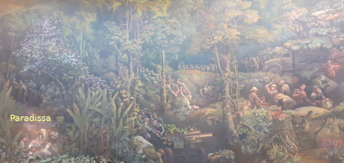 Pulling artillery through steep mountain slopes as depicted in the 3D painting at Dien Bien Phu Battle Museum
