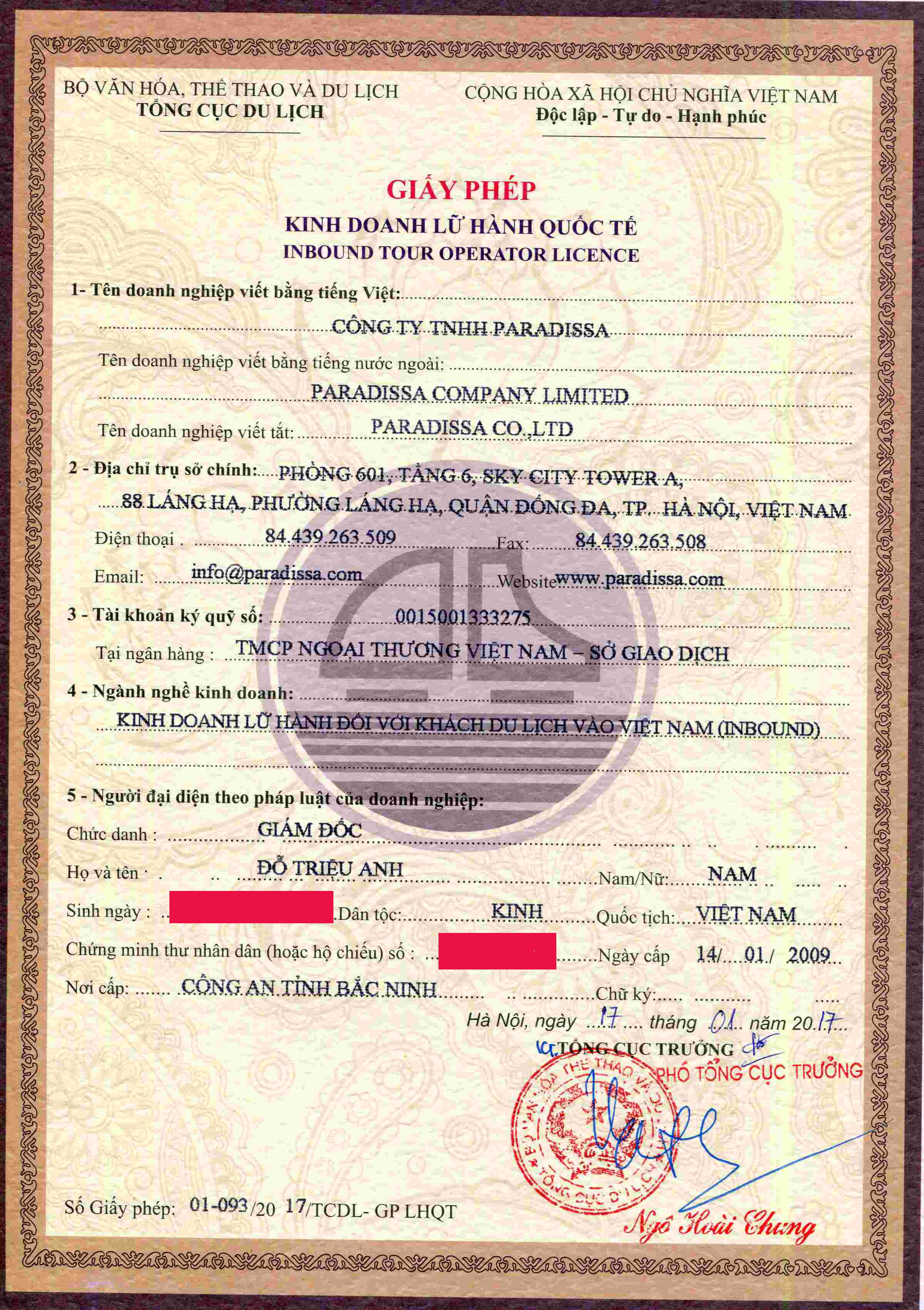 Paradissa's Vietnam Tour Operator License
