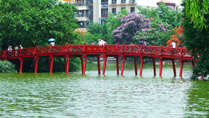 The The Huc Bridge on the Hoan Kiem Lake in Hanoi, Vietnam