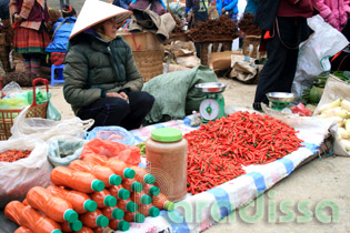 A lady with fresh chilli and chilli sauce