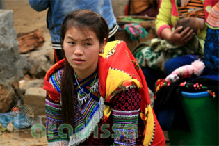 A young Hmong mother at Can Cau, it seems her first time selling vegetables here