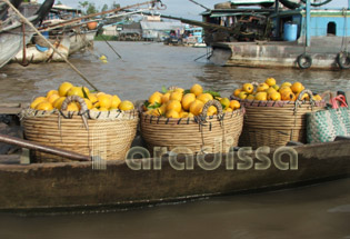 Orange boat - floating market Cai Be - Vinh Long Orange boat - floating market Cai Be - Vinh Long