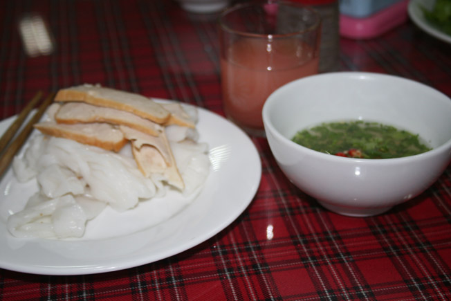 Wet rice paper (Banh Cuon) with Cha (fried pork paste)