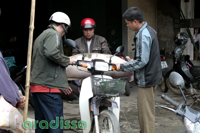 Men with a pig on a scooter at Quan Ba