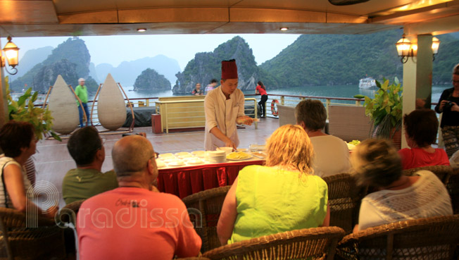 Cooking demonstrations onboard a luxury junk cruise on Halong Bay
