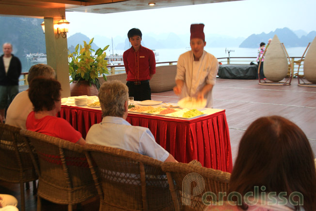 Cooking demonstrations on board the junk on Halong Bay