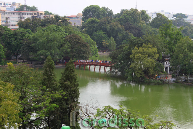 A bird's eye view of the Hoan Kiem Lake and the The Huc Bridge