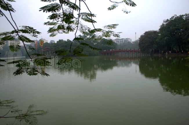 The Ngoc Son Temple and The Huc Bridge on the Hoan Kiem Lake in Hanoi