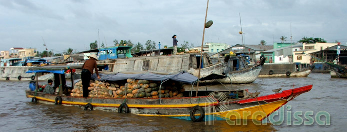 A boat full of pumpkins at Cai Rang Market, Can Tho