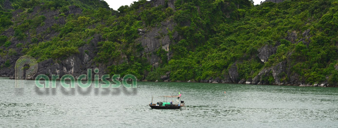 A tiny fishing boat in the towering mountains of Halong Bay
