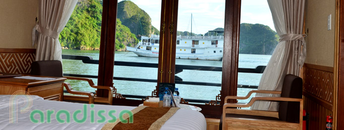 View of Halong Bay from a luxury junk cabin