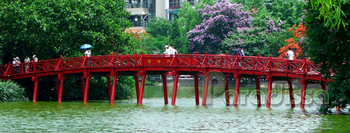 The The Huc Bridge on the Hoan Kiem Lake in Hanoi, Vietnam