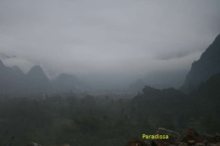 Mountains in fog at Xuan Truong, Bao Lac District, Cao Bang Province, Vietnam