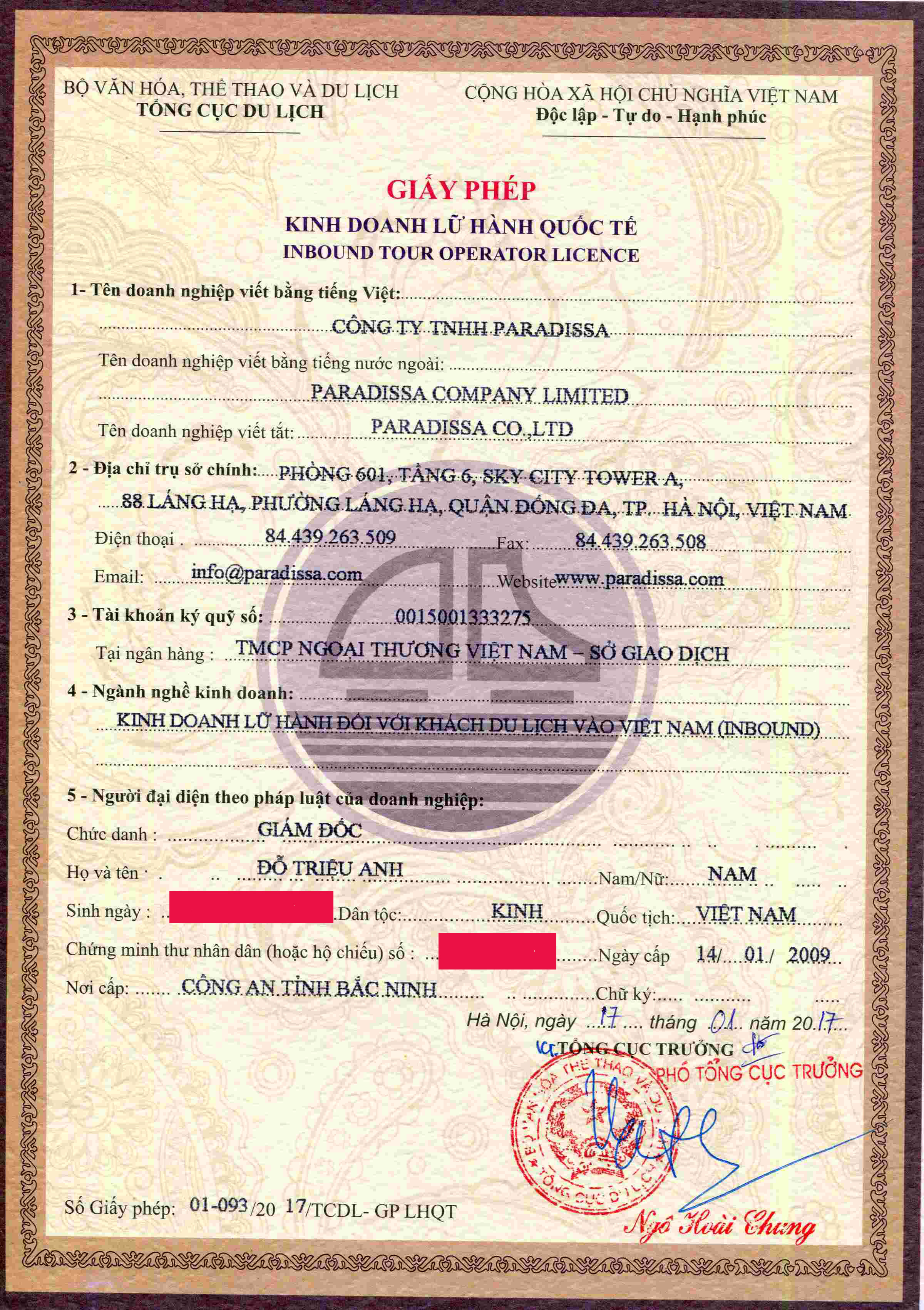 Paradissa's Vietnam Tour Operator License Paradissa's Vietnam Tour Operator License